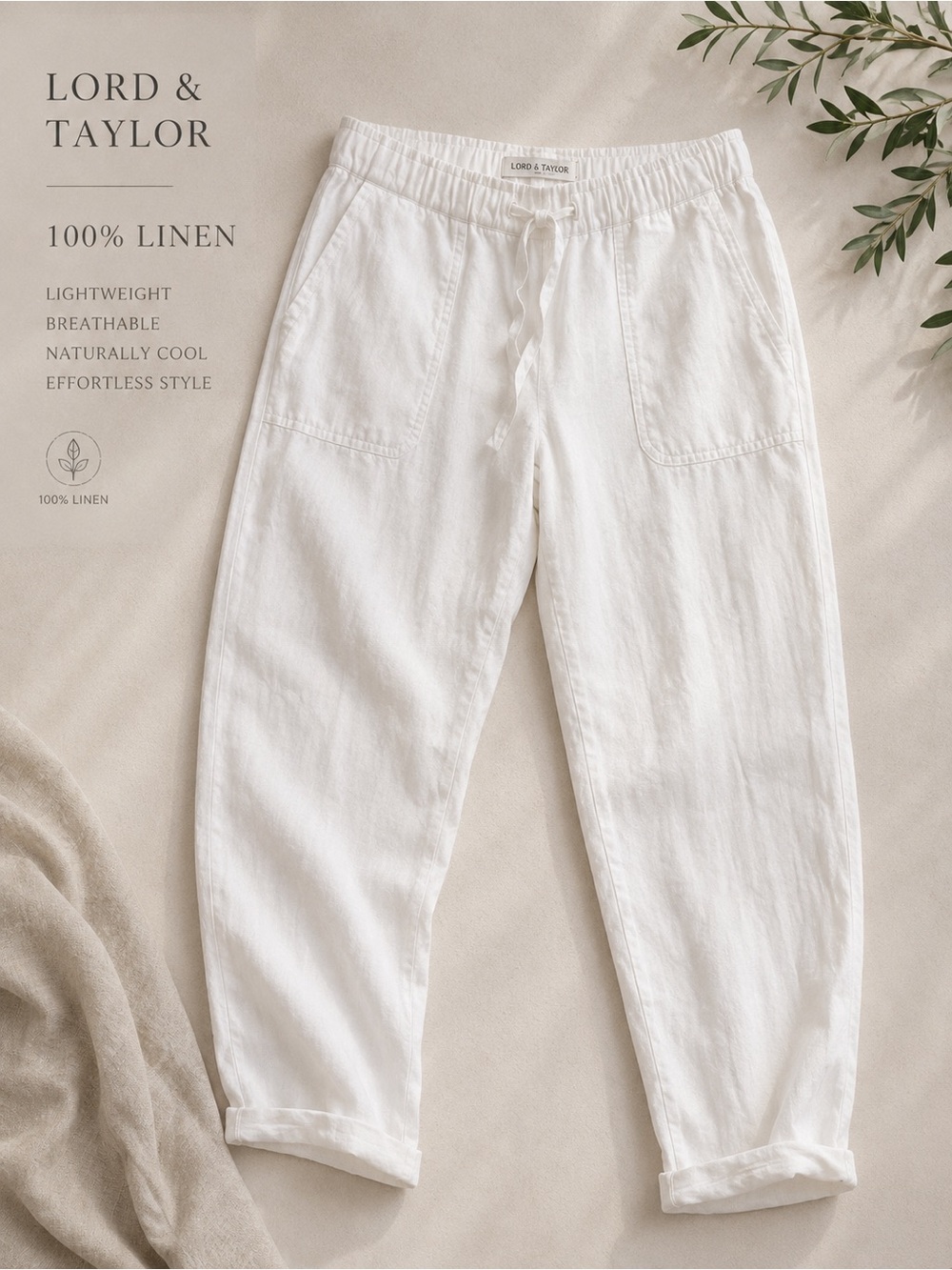 Lord & Taylor White Linen Drawstring Ankle Pants